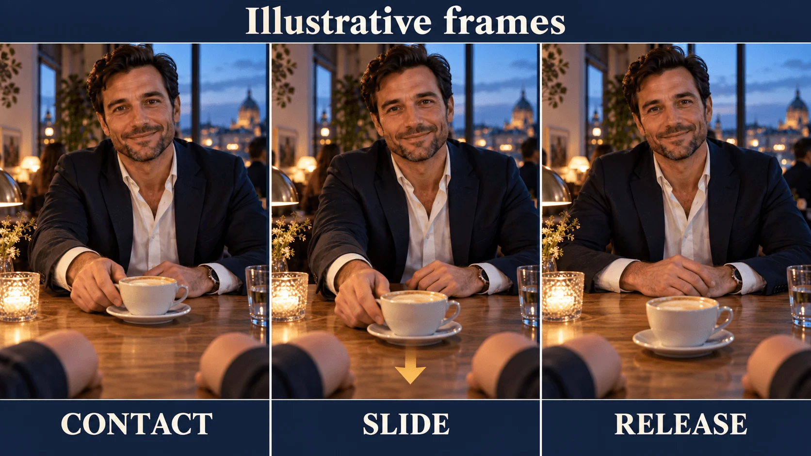 Tre fotogrammi illustrativi mostrano un uomo adulto che tocca una tazza, la fa scorrere verso l’osservatore e la lascia, mentre le mani dell’osservatore restano separate.