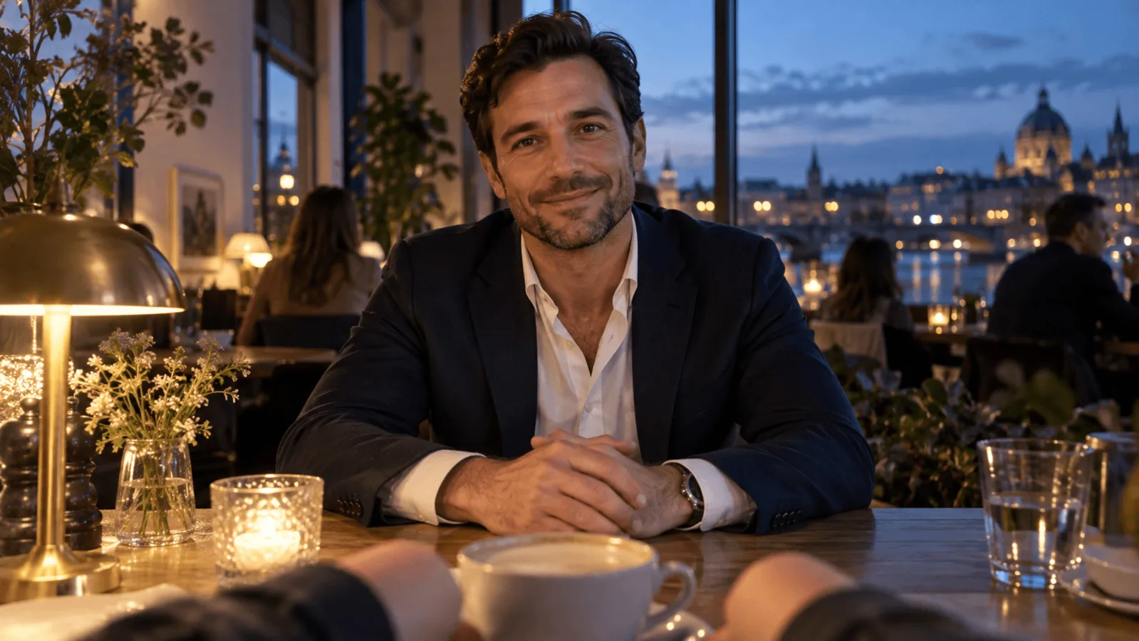 Vista in prima persona di un uomo adulto in blazer blu navy seduto dall’altro lato di un tavolo al ristorante al crepuscolo, con avambracci dell’osservatore e tazza di caffè in primo piano.
