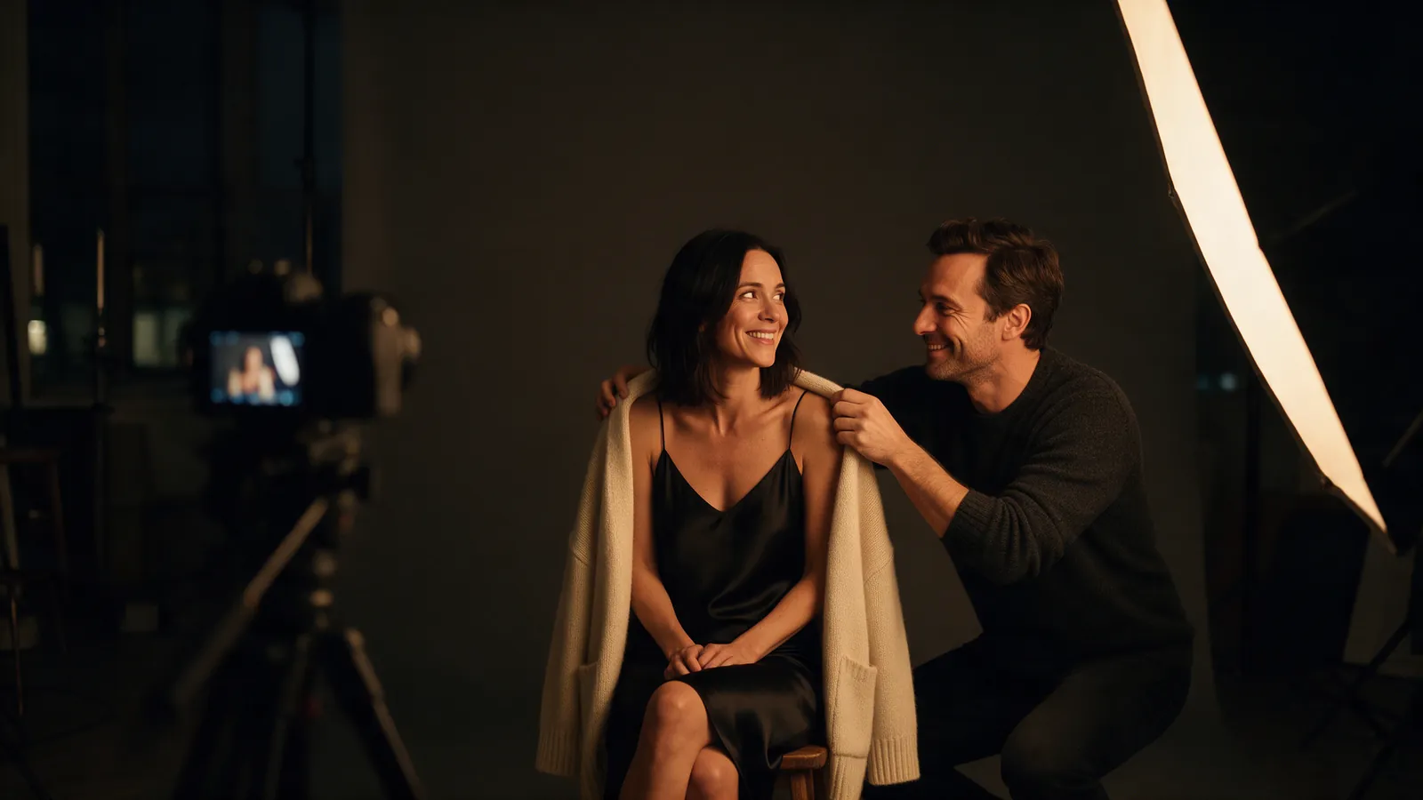 In uno studio fotografico in penombra, un uomo sorridente posa un cardigan di maglia color crema sulle spalle di una donna in sottoveste di raso nero seduta su uno sgabello, con una fotocamera su un treppiede in primo piano