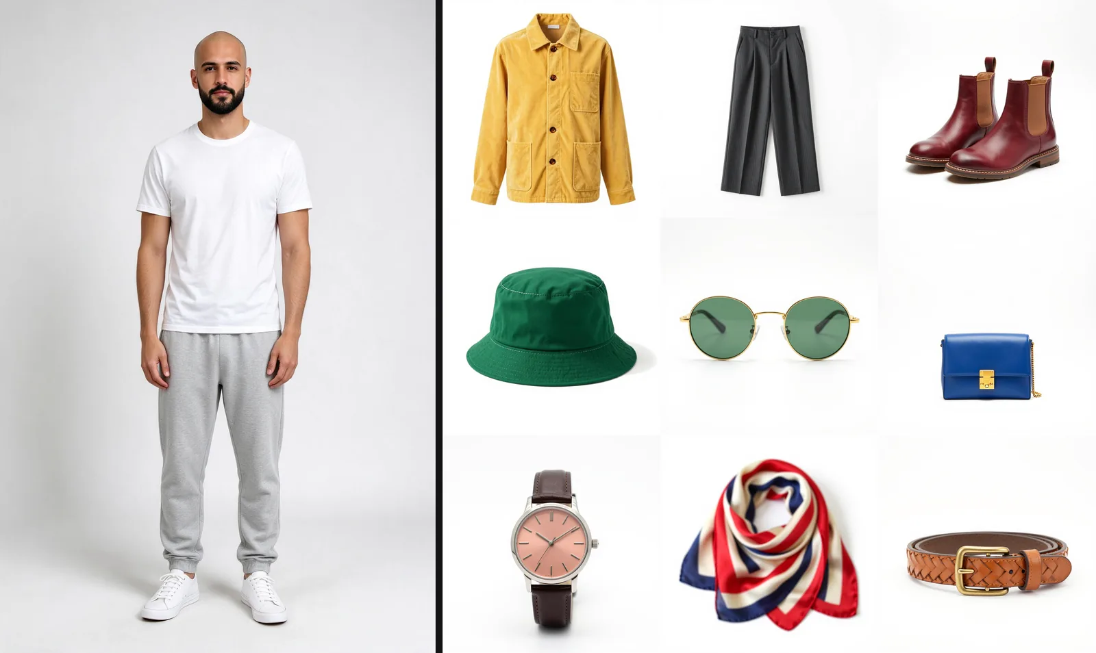 Links: ein Ganzkörper-Studiofoto eines glatzköpfigen, bärtigen Mannes in weißem T-Shirt, grauer Jogginghose und weißen Sneakern. Rechts: neun Produktaufnahmen auf Weiß: eine senfgelbe Cordjacke, eine anthrazitfarbene Nadelstreifenhose, ochsenblutrote Chelsea-Boots, ein grüner Bucket-Hat, eine runde goldene Sonnenbrille, eine kobaltblaue Umhängetasche, eine Uhr mit rosa Zifferblatt, ein gestreifter Seidenschal und ein geflochtener hellbrauner Gürtel.