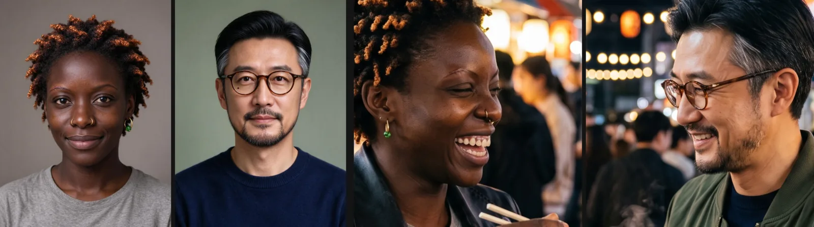 Links: Studioporträts einer Frau mit kupferfarbenen Locken und eines Mannes mit runder Schildpattbrille. Rechts: Nahaufnahmen derselben beiden Personen, die auf einem Nachtmarkt lachen, sie in schwarzer Lederjacke mit Essstäbchen, er in grüner Bomberjacke.