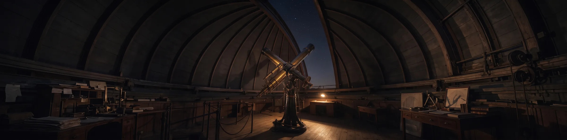 Ein 4:1-Panorama im Inneren einer dunklen hölzernen Sternwartenkuppel bei Nacht, ein Messingteleskop unter dem geöffneten Spalt in der Mitte, Schreibtische und Instrumente setzen sich nach links und rechts fort.