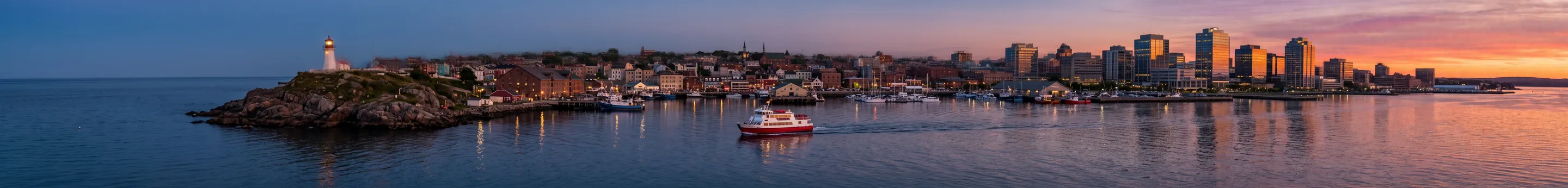 Ein ultrabreiter Streifen einer Hafenstadt in der Dämmerung, über ruhiges Wasser gesehen: links ein weißer Leuchtturm auf einer felsigen Landzunge, in der Mitte ein rotes Fährschiff und rechts gläserne, von der Abendsonne orange beleuchtete Bürotürme, alles in einer Ansicht.