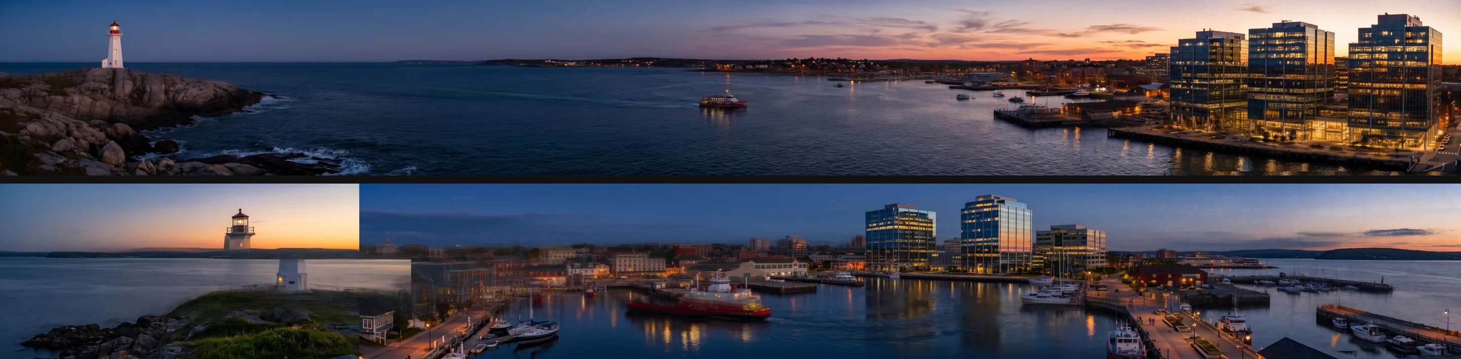 Zwei ultrabreite Streifen übereinander. Oben: ein Hafen in der Dämmerung mit Leuchtturm auf einer felsigen Landzunge, rotem Fährschiff und gläsernen Bürotürmen, alles in einer Ansicht. Unten: ein ähnlicher Hafen, aus einzelnen Feldern zusammengesetzt, mit einer harten Naht durch den Leuchtturm.