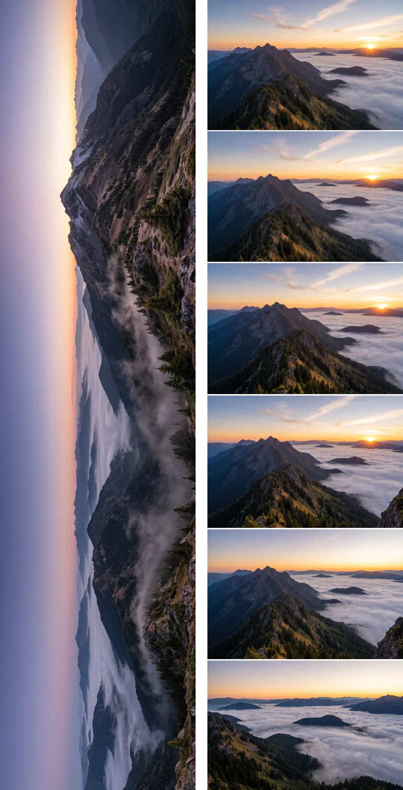 Zwei hohe 1:4-Streifen nebeneinander. Links: ein Gebirge im Morgengrauen, auf die Seite gedreht, der Horizont verläuft von oben nach unten. Rechts: sechs gestapelte Aufnahmen derselben Bergansicht übereinander.