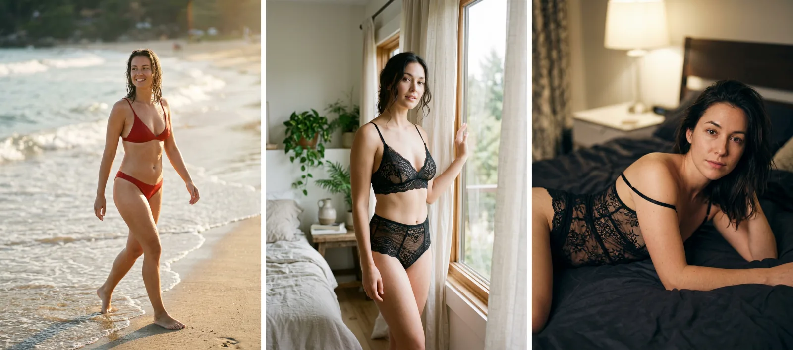 Trois photos côte à côte : une femme en bikini rouge marchant au bord de l’eau au coucher du soleil, une femme en lingerie de dentelle noire debout près d’une fenêtre de chambre, et une femme en body de dentelle noire allongée sur un lit, une bretelle glissant de son épaule.