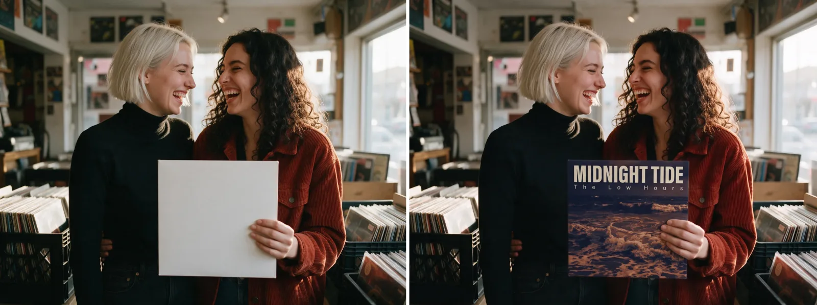 À gauche : deux femmes qui rient dans un magasin de disques, l’une tient une pochette d’album blanche vierge. À droite : la même photo, la pochette montrant désormais des vagues nocturnes en bleu et rouille, le titre MIDNIGHT TIDE en lettres grasses et The Low Hours en dessous.