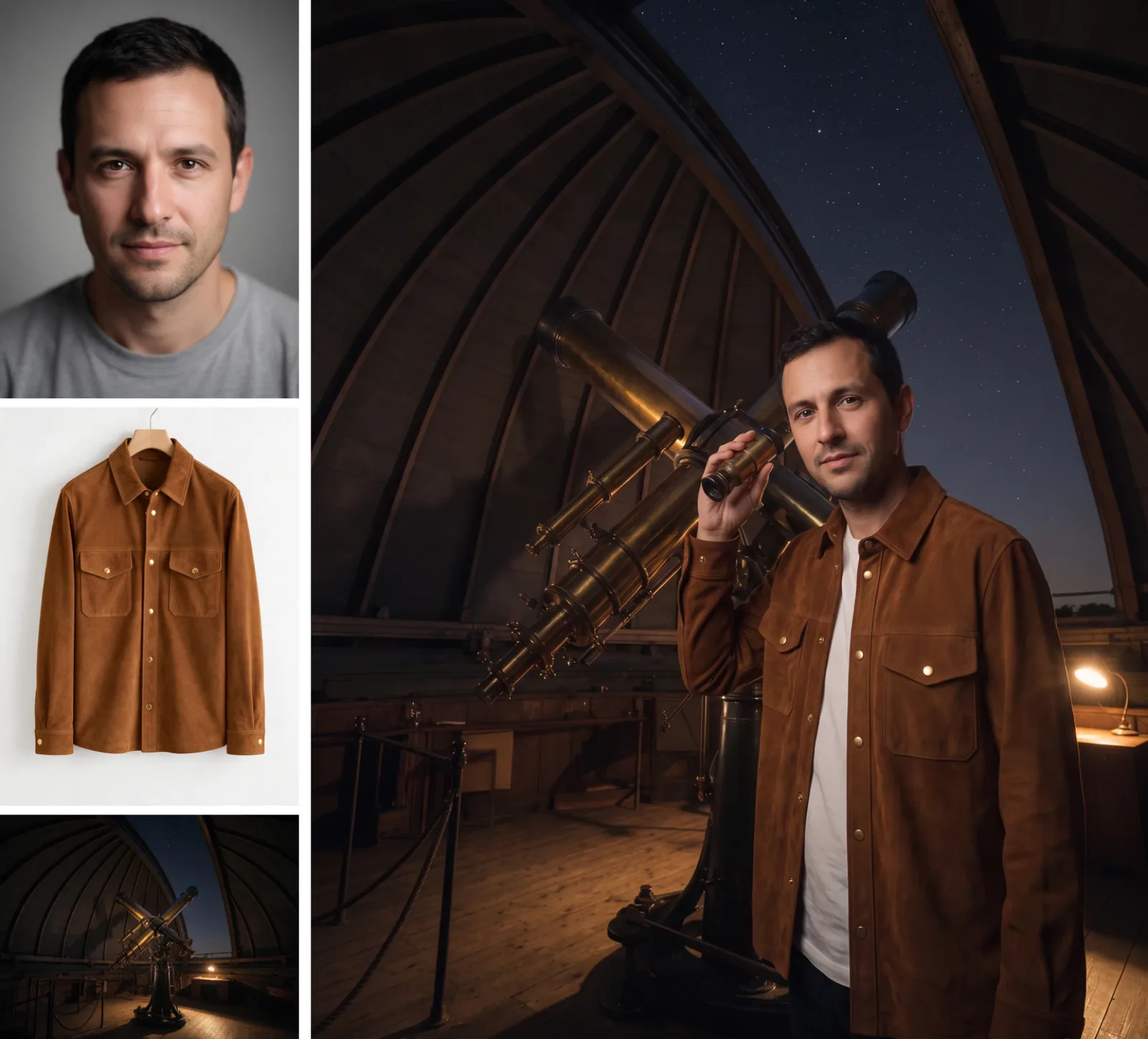 Colonne de gauche : un portrait de studio d’un homme aux cheveux sombres en T-shirt gris, une surchemise en daim cognac à boutons-pression en laiton sur un cintre, et une coupole d’observatoire vide avec un télescope en laiton la nuit. À droite : le même homme portant la surchemise en daim sur un T-shirt blanc près du télescope en laiton, une petite longue-vue en laiton à la main.
