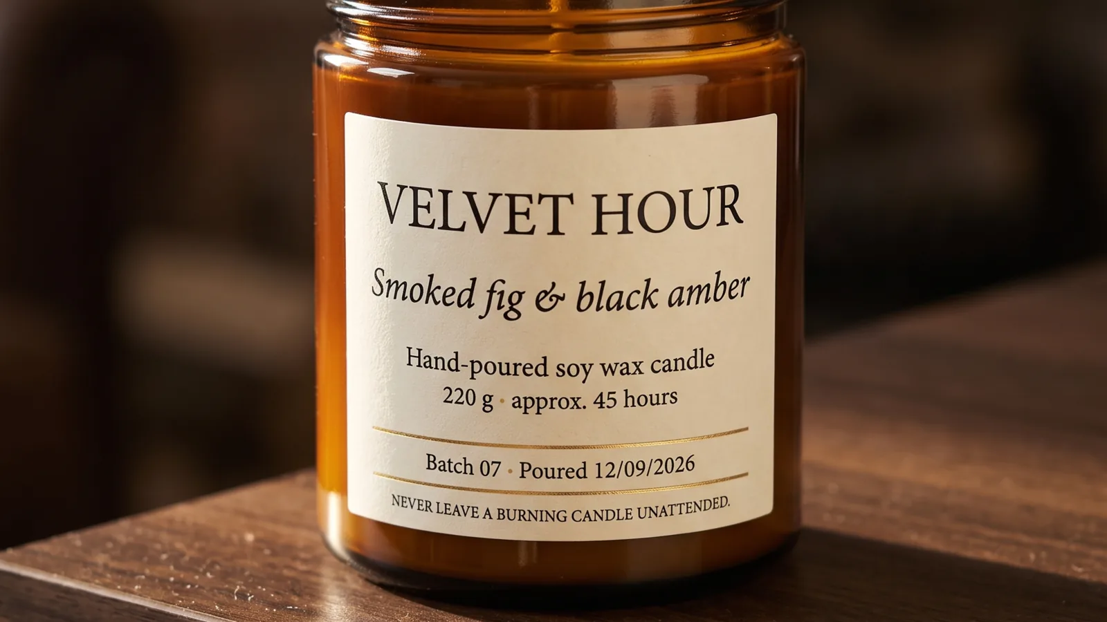 Primo piano di un barattolo di candela in vetro ambrato su una mensola di noce scuro, con un'etichetta color crema che riporta VELVET HOUR, Smoked fig & black amber, Hand-poured soy wax candle, un peso, un lotto con data di colata e una riga di avvertenza.
