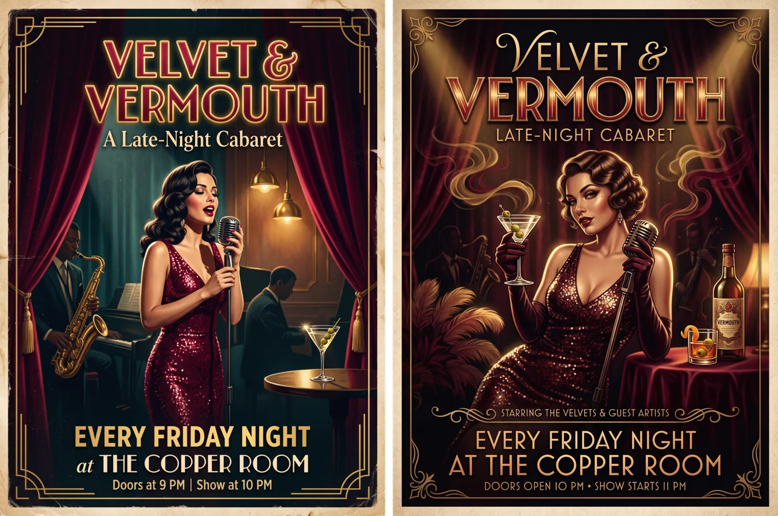 Due poster di cabaret in stile vintage affiancati. A sinistra: una cantante con un abito rosso di paillettes davanti a un microfono, con VELVET & VERMOUTH in alto e Every Friday Night at The Copper Room, Doors at 9 PM, Show at 10 PM in basso. A destra: una cantante con un abito di paillettes che regge un cocktail, con Starring The Velvets & Guest Artists e Doors Open 10 PM, Show Starts 11 PM vicino al fondo. Entrambi hanno un bordo di carta invecchiata.