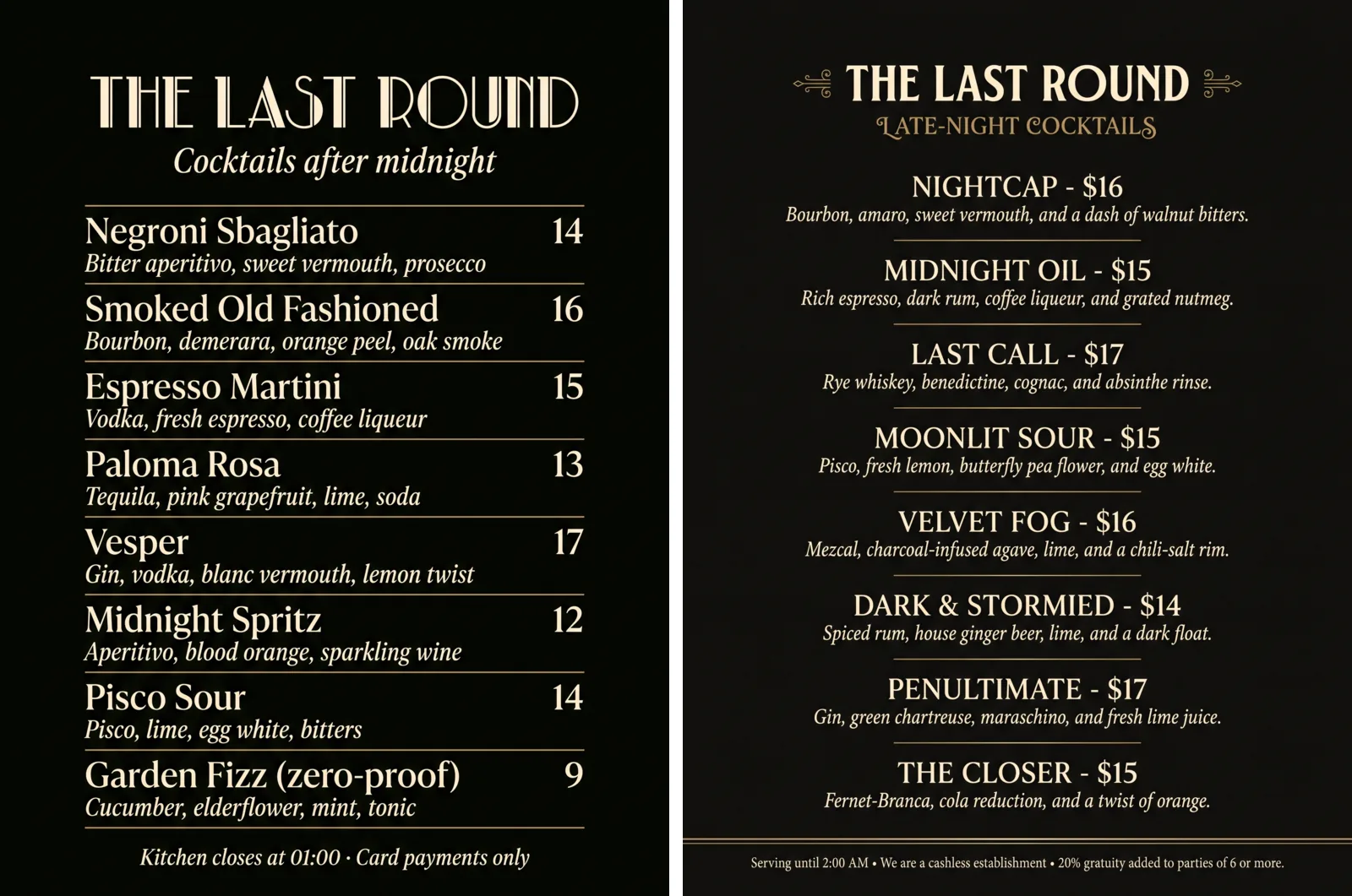 Due carte di menu nere affiancate. A sinistra: THE LAST ROUND con otto cocktail, da Negroni Sbagliato 14 a Garden Fizz (zero-proof) 9, ciascuno con una descrizione di una riga, e il piè di pagina Kitchen closes at 01:00 · Card payments only. A destra: THE LAST ROUND con otto cocktail inventati come Nightcap, Midnight Oil e Penultimate, ciascuno con prezzo e segno del dollaro, e un piè di pagina su servizio fino alle 2:00 AM, un bar senza contanti e il 20% di mancia.