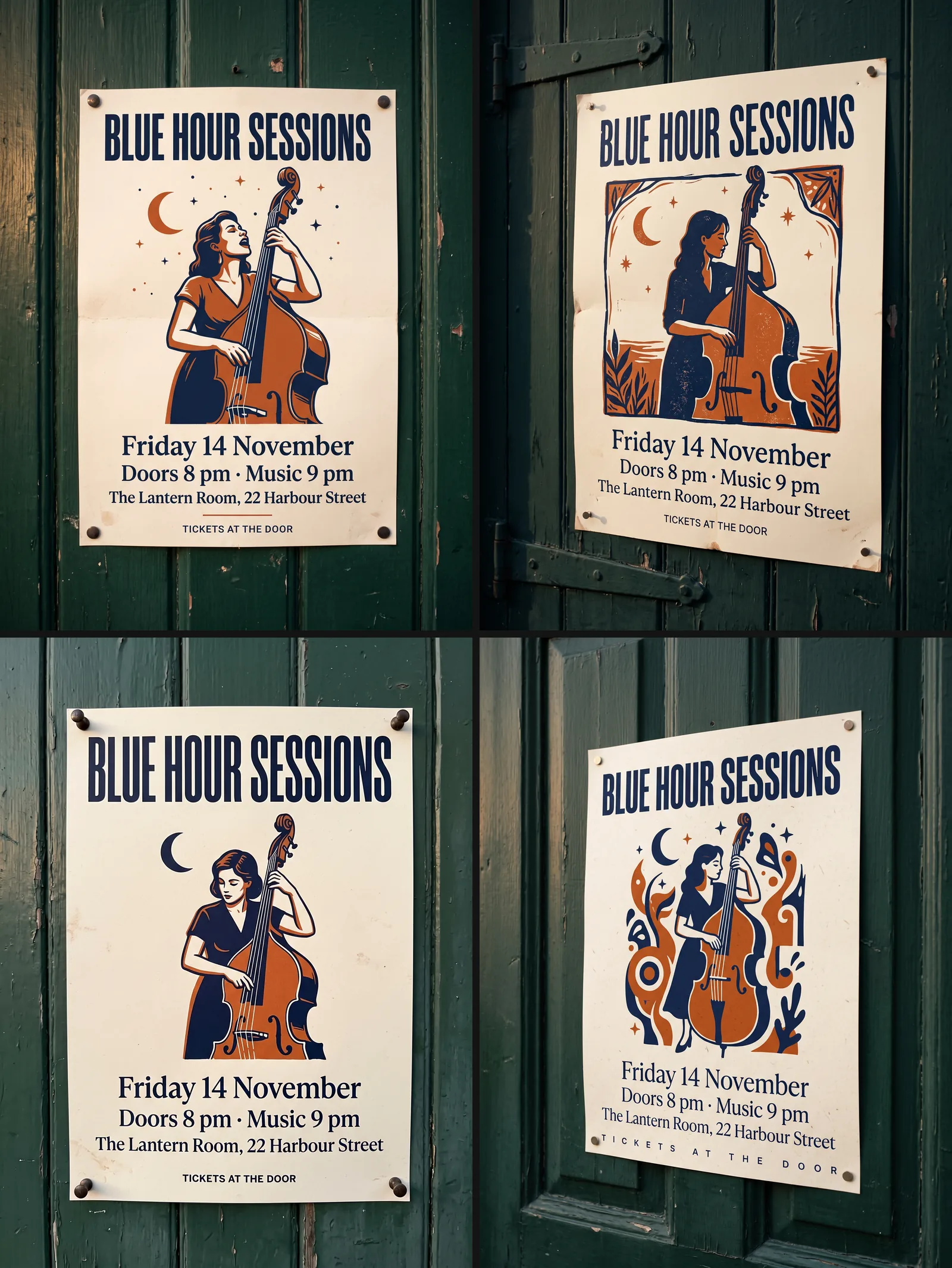 Cztery plakaty koncertowe przypięte do ciemnozielonych drewnianych drzwi, każdy z nagłówkiem BLUE HOUR SESSIONS nad granatowo-paloną pomarańczową ilustracją kobiety grającej na kontrabasie pod sierpem księżyca, z datą, godzinami, miejscem i napisem TICKETS AT THE DOOR poniżej.