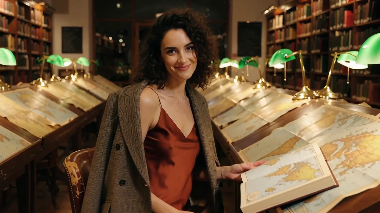 Fotogramma video di una donna adulta con capelli ricci scuri in una sottoveste di raso color ruggine, con una giacca di tweed che le scivola da una spalla, che sorride alla camera in una biblioteca di mappe illuminata da lampade da lettura verdi.