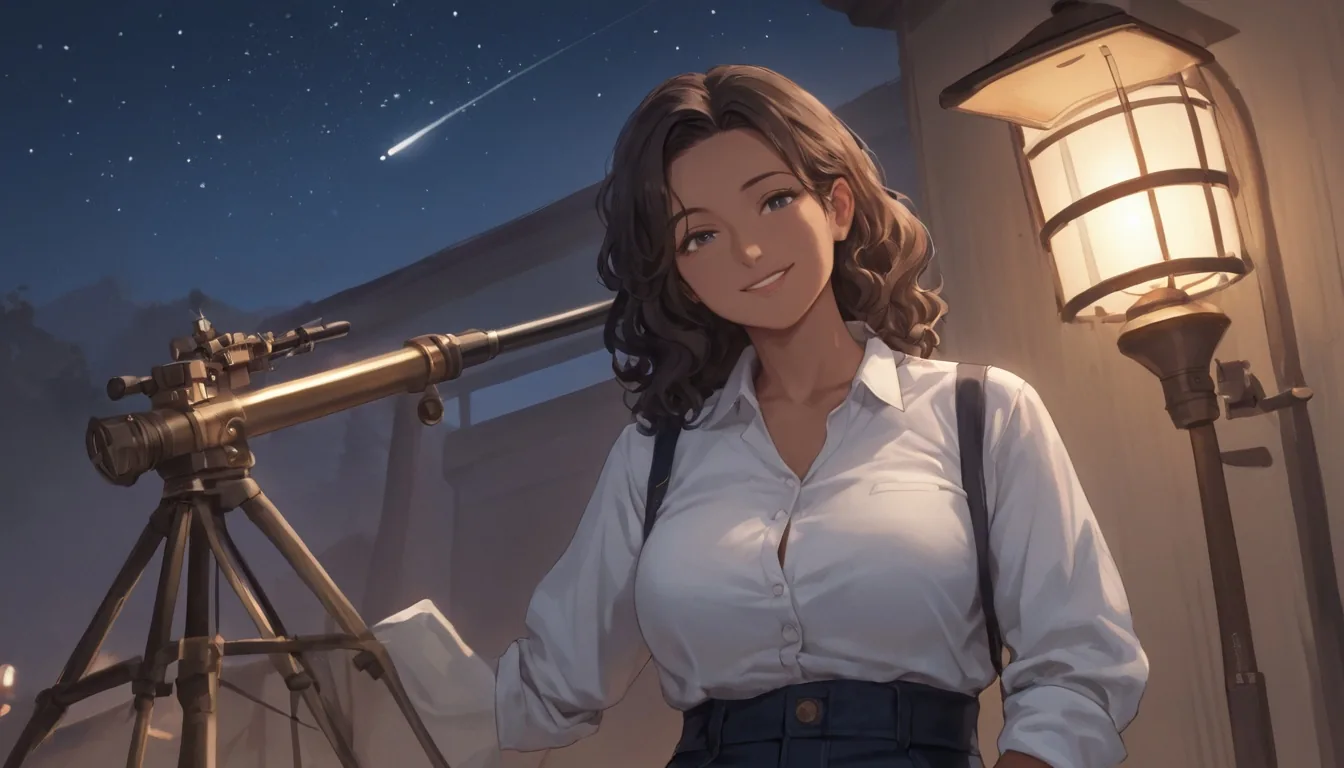 Illustrazione anime di una donna adulta astronoma con lunghi capelli castani ondulati e una camicia bianca con le maniche arrotolate, che sorride accanto a un telescopio di ottone sotto un cielo stellato.