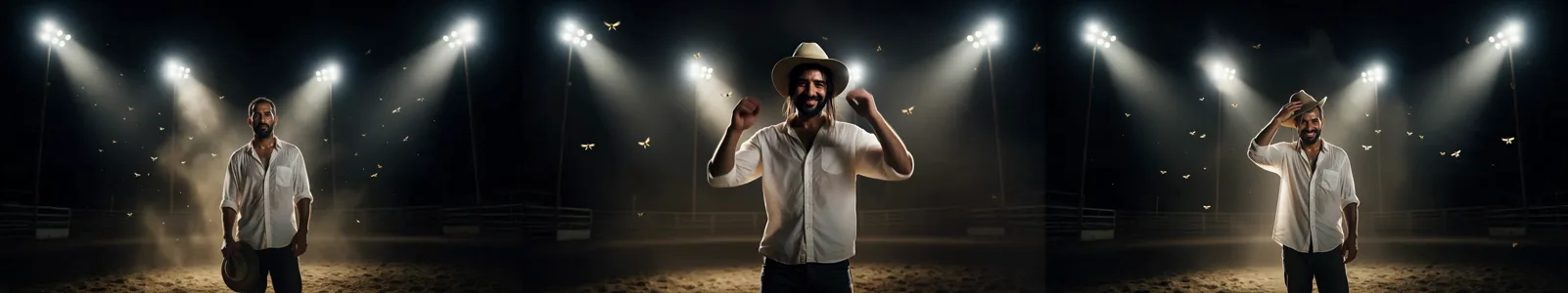 Un uomo adulto in camicia bianca in un'arena da rodeo illuminata dai riflettori: il frame iniziale, una clip che finisce con un altro volto e capelli lunghi sotto un cappello crema, e una clip che finisce con il suo volto sotto un cappello.