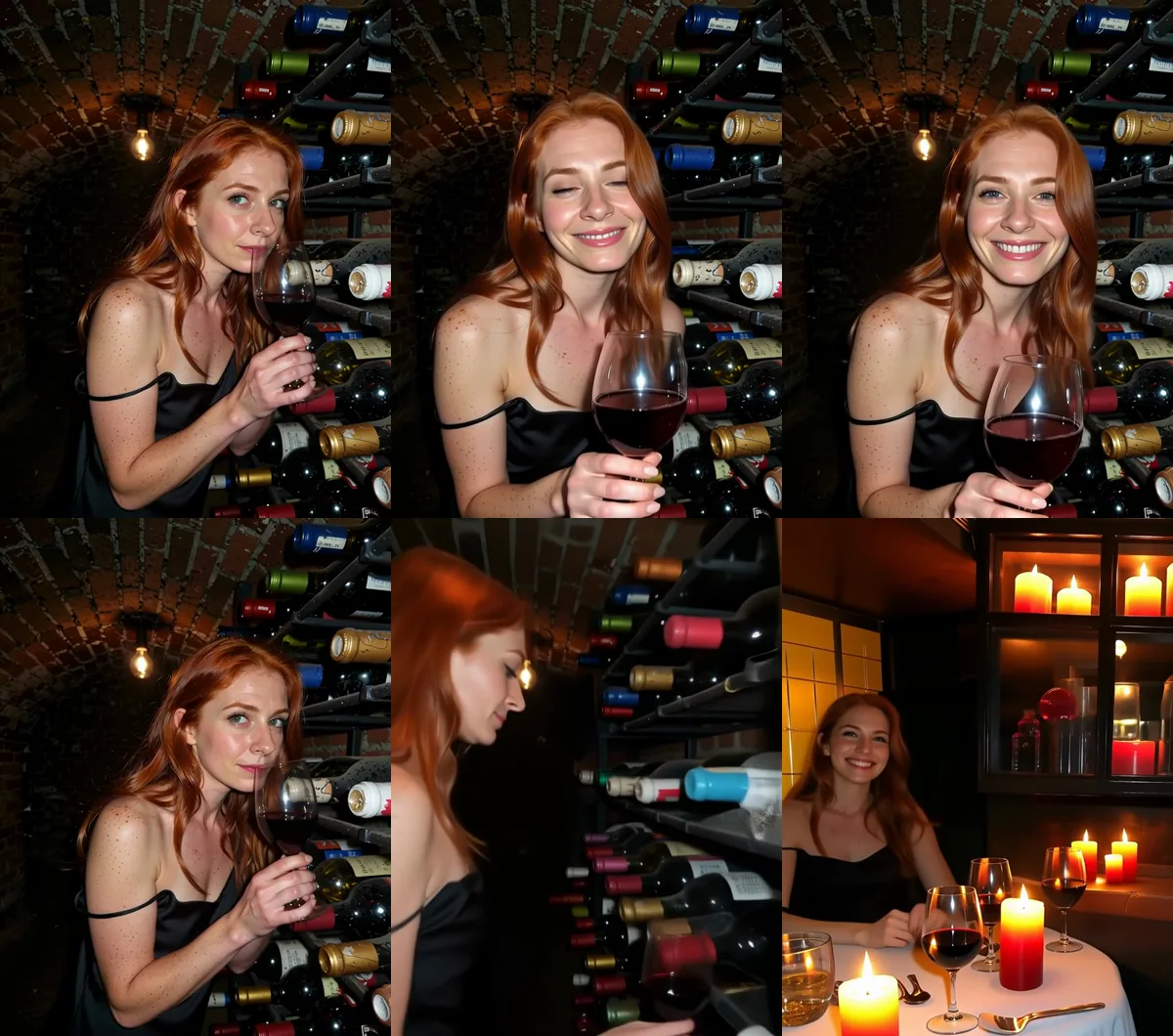 Riga in alto: una donna adulta dai capelli rossi in una sottoveste di raso nero con una spallina scesa abbassa un bicchiere di vino e sorride in una cantina di mattoni. Riga in basso: lo stesso inizio si sfoca, poi un altro volto sorride a un tavolo di ristorante illuminato da candele.