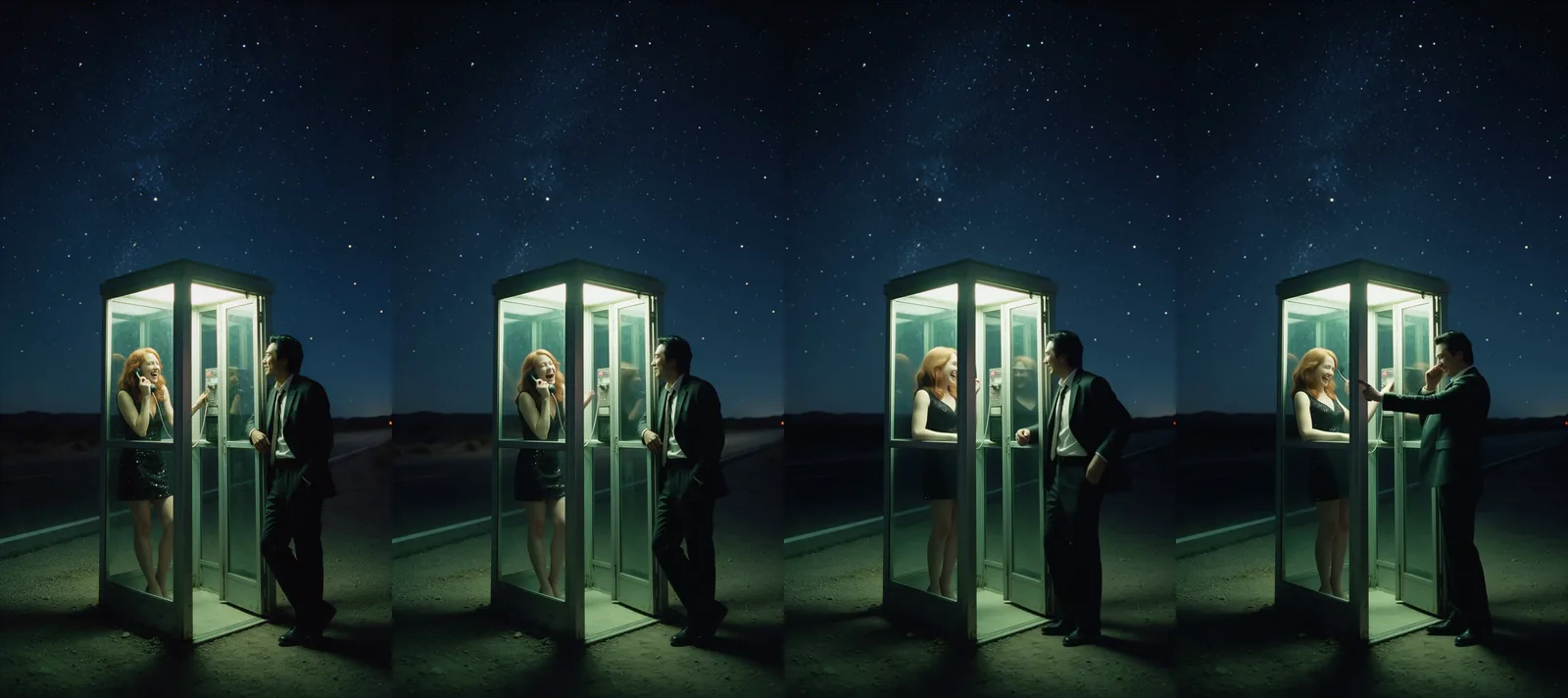 Quattro fotogrammi, il primo una foto: una donna adulta dai capelli rossi in un abito nero di paillettes che ride nella cornetta dentro una cabina telefonica di vetro illuminata su una strada del deserto di notte sotto un cielo stellato, mentre un uomo adulto in abito scuro si appoggia alla cabina e poi allunga la mano verso la porta.