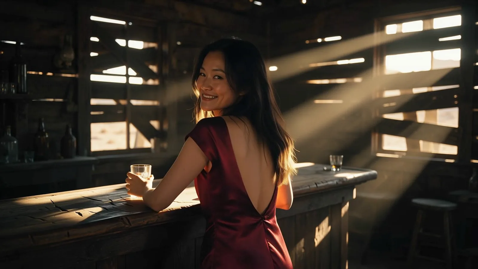 Fotogramma video di una donna adulta con un abito di raso bordeaux a schiena nuda, appoggiata a un vecchio bancone di legno, che guarda indietro da sopra la spalla con un sorriso mentre fasci di sole del tardo pomeriggio filtrano tra le pareti a listelli.