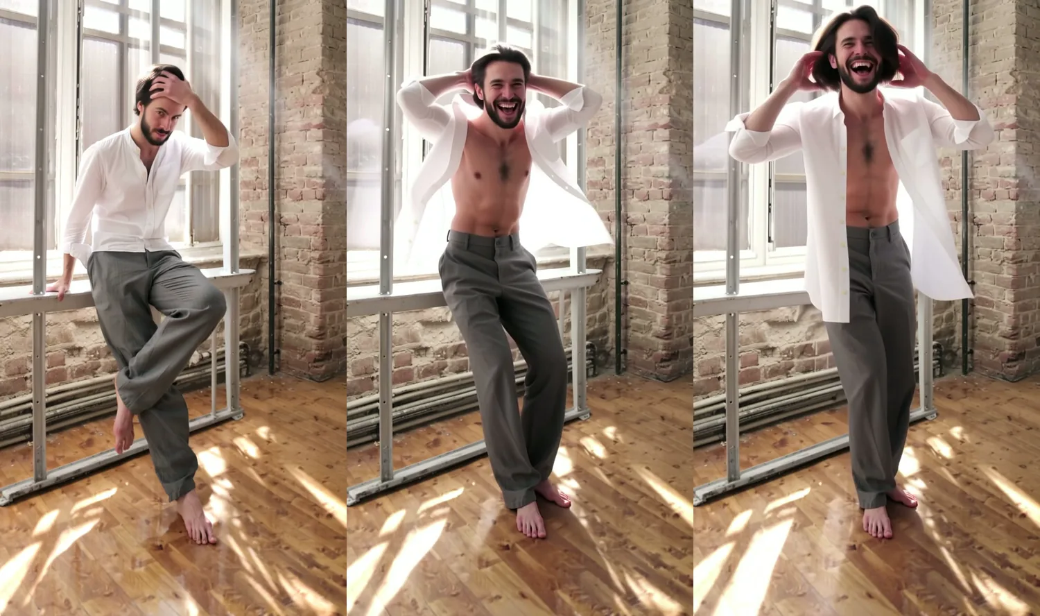 Tre fotogrammi verticali in un loft di mattoni illuminato dal sole: prima un uomo adulto con capelli scuri corti e barba in camicia di lino bianca appoggiato alla ringhiera di una finestra, poi lo stesso uomo che ride con la camicia aperta, poi un uomo con i capelli alle spalle che ride con entrambe le mani tra i capelli.