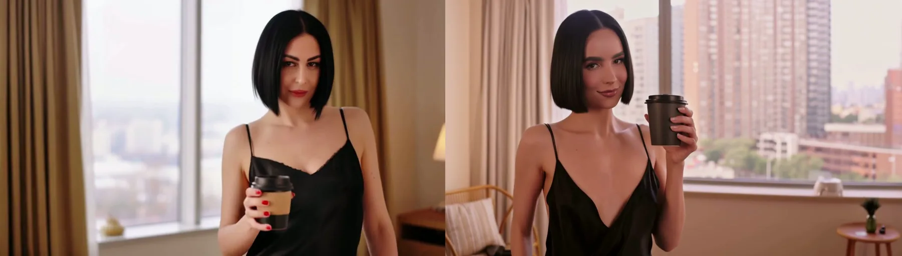 Due fotogrammi video affiancati dallo stesso prompt e dallo stesso seed: a sinistra, un fotogramma a 480p di una donna adulta con un caschetto nero in sottoveste nera in una stanza con tende beige e vista su un cielo coperto; a destra, un fotogramma a 720p di una donna dall'aspetto diverso con un caschetto scuro in sottoveste nera con in mano un bicchiere di caffè davanti a una finestra con alti edifici cittadini.