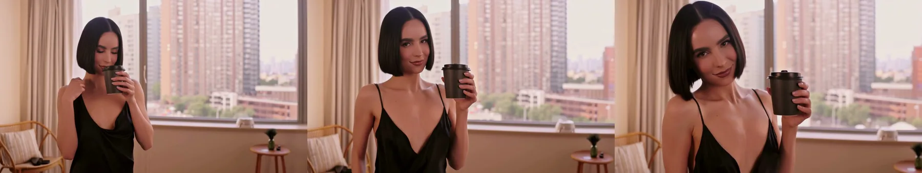 Tre fotogrammi di una donna adulta con un caschetto scuro e liscio in una sottoveste di seta nera in una camera d'albergo con vista sulla città, con in mano un bicchiere di caffè da asporto: prima tocca la spallina, poi guarda la camera, poi sorride.