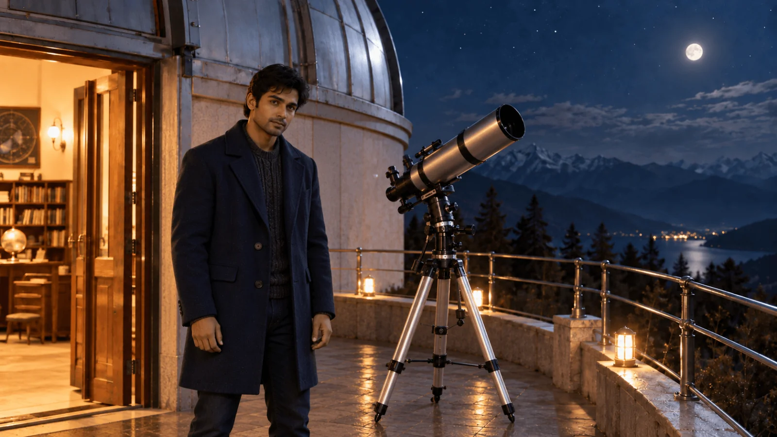 Un uomo adulto di fantasia con un cappotto blu navy sta sul balcone di un osservatorio, con le mani rilassate, accanto a un telescopio su un treppiede ben appoggiato.
