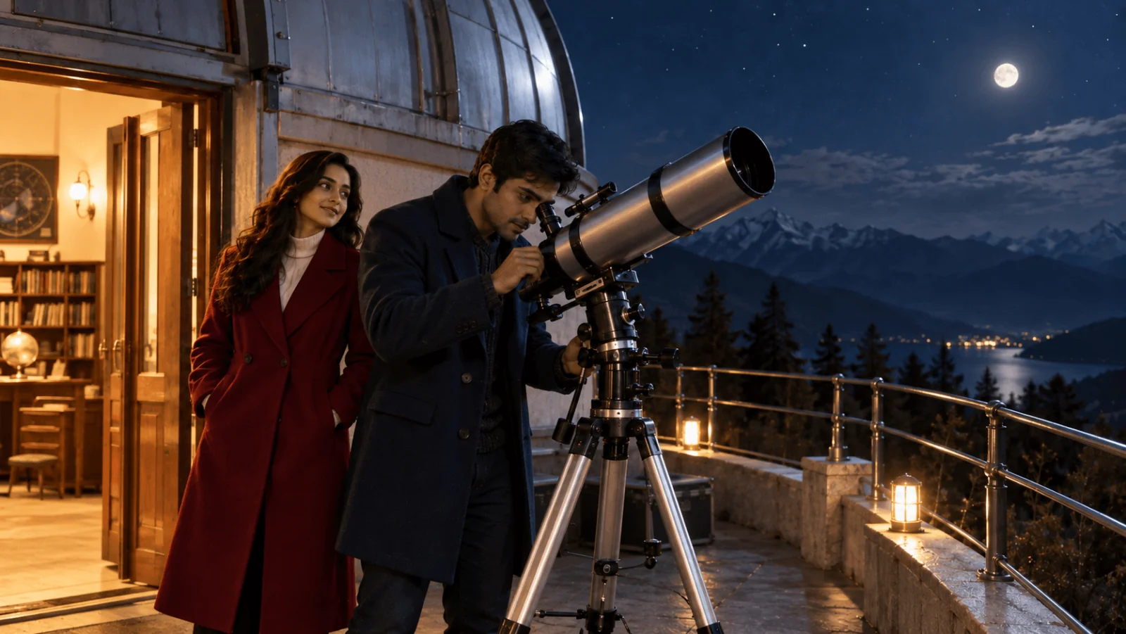 Un uomo adulto si china verso l'oculare di un telescopio mentre accanto a lui una donna con un cappotto rosso sorride vicino a una porta illuminata dalla luce calda.
