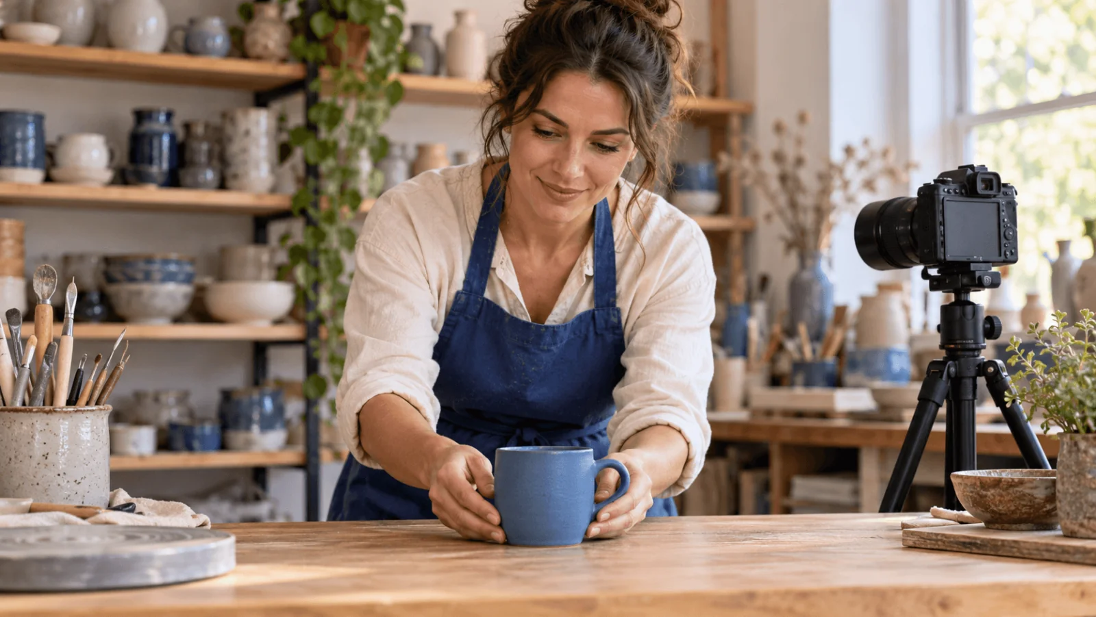 Una ceramista adulta immaginaria con grembiule blu appoggia una tazza blu accanto a una fotocamera in un laboratorio di ceramica