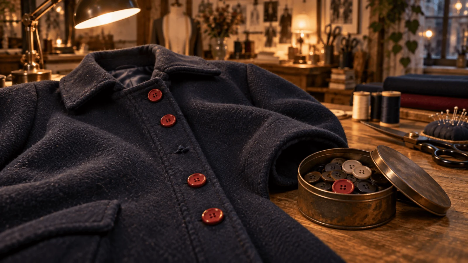 Un cappotto blu navy scuro usato ha un punto mancante fra i suoi bottoni rossi sul davanti, con fili sciolti visibili accanto a una scatola aperta di bottoni assortiti.