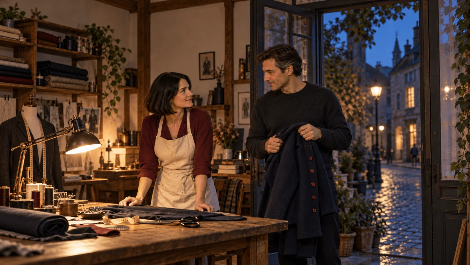 Sofia, adulta fittizia con blusa bordeaux e grembiule crema, affronta Jonas che tiene un cappotto scuro usato con bottoni rossi, accanto a una lampada da laboratorio accesa.