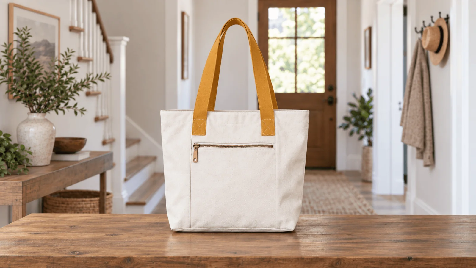 Una borsa fittizia in tela color crema con due manici color mostarda e una tasca frontale chiusa con zip, mostrata interamente su un tavolo di legno.