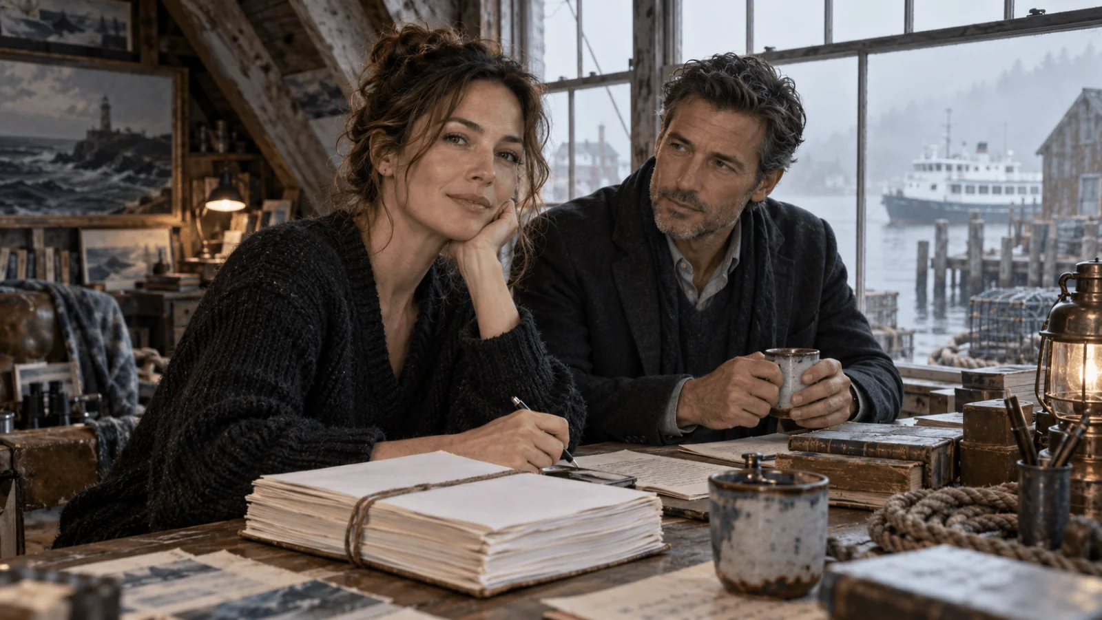 Un'autrice adulta e un editor lavorano a una scrivania con un manoscritto, davanti a un porto e a un traghetto.