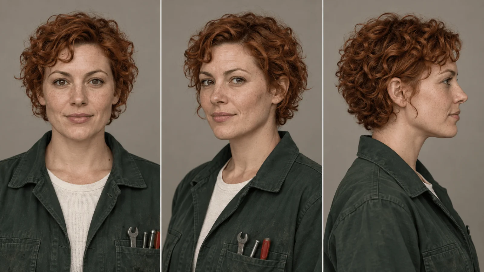 Ritratti frontale, di tre quarti e di profilo di una meccanica adulta di fantasia con ricci color rame e giacca verde