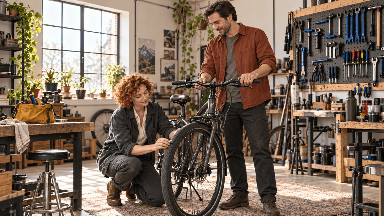 Meccanica adulta di fantasia con giacca da lavoro scura inginocchiata accanto alla ruota anteriore di una bicicletta mentre un uomo adulto con sovracamicia color ruggine tiene il manubrio; una borsa degli attrezzi gialla è sul banco a sinistra
