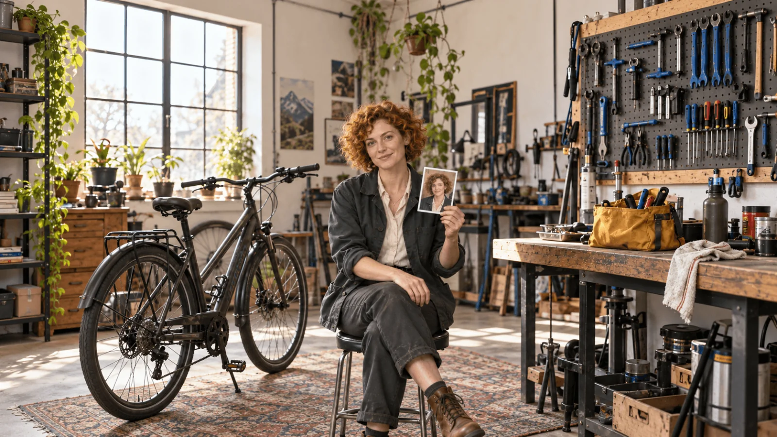 Meccanica adulta di fantasia con ricci color rame corti e giacca da lavoro scura, seduta su uno sgabello con in mano un piccolo ritratto stampato di sé stessa, accanto a una bicicletta e a una borsa degli attrezzi gialla in un'officina