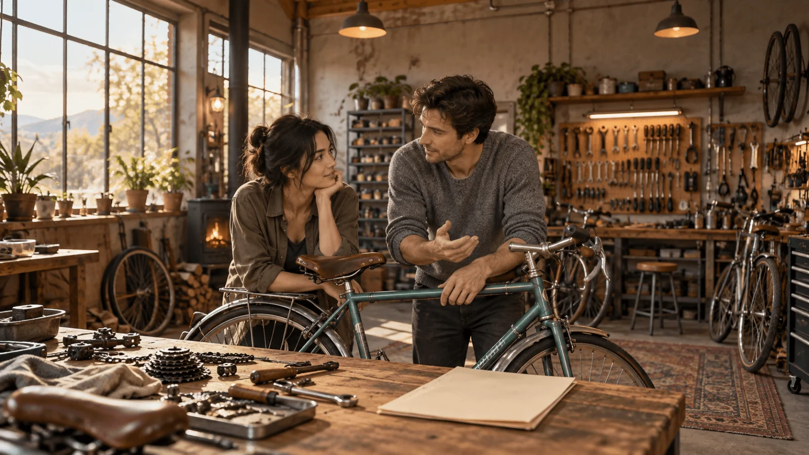 Una donna e un uomo parlano ai due lati di una bicicletta turchese in un'officina di riparazione piena di sole.
