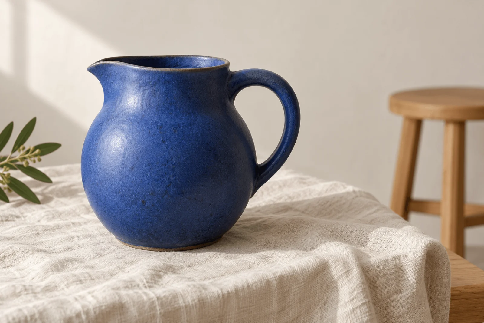 Pichet en céramique cobalt avec une ouverture d'anse visible sur du lin crème