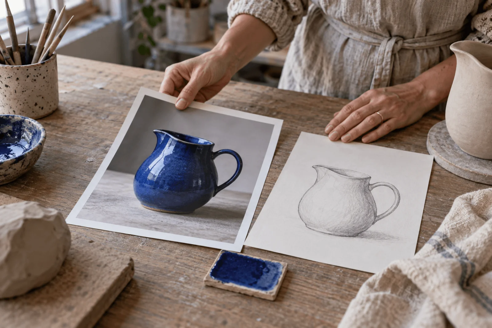Des mains disposant une photographie d'un pichet en cobalt, un dessin au crayon et un échantillon d'émail sur une table d'atelier