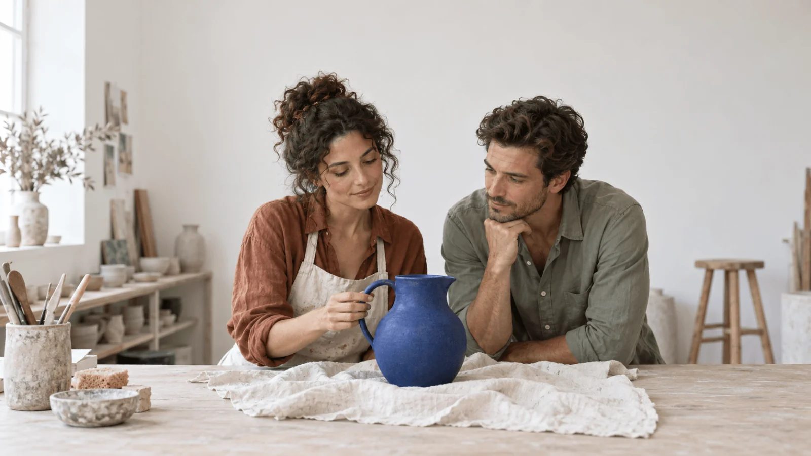 Due adulti a un tavolo di laboratorio di ceramica guardano una brocca color cobalto su lino crema