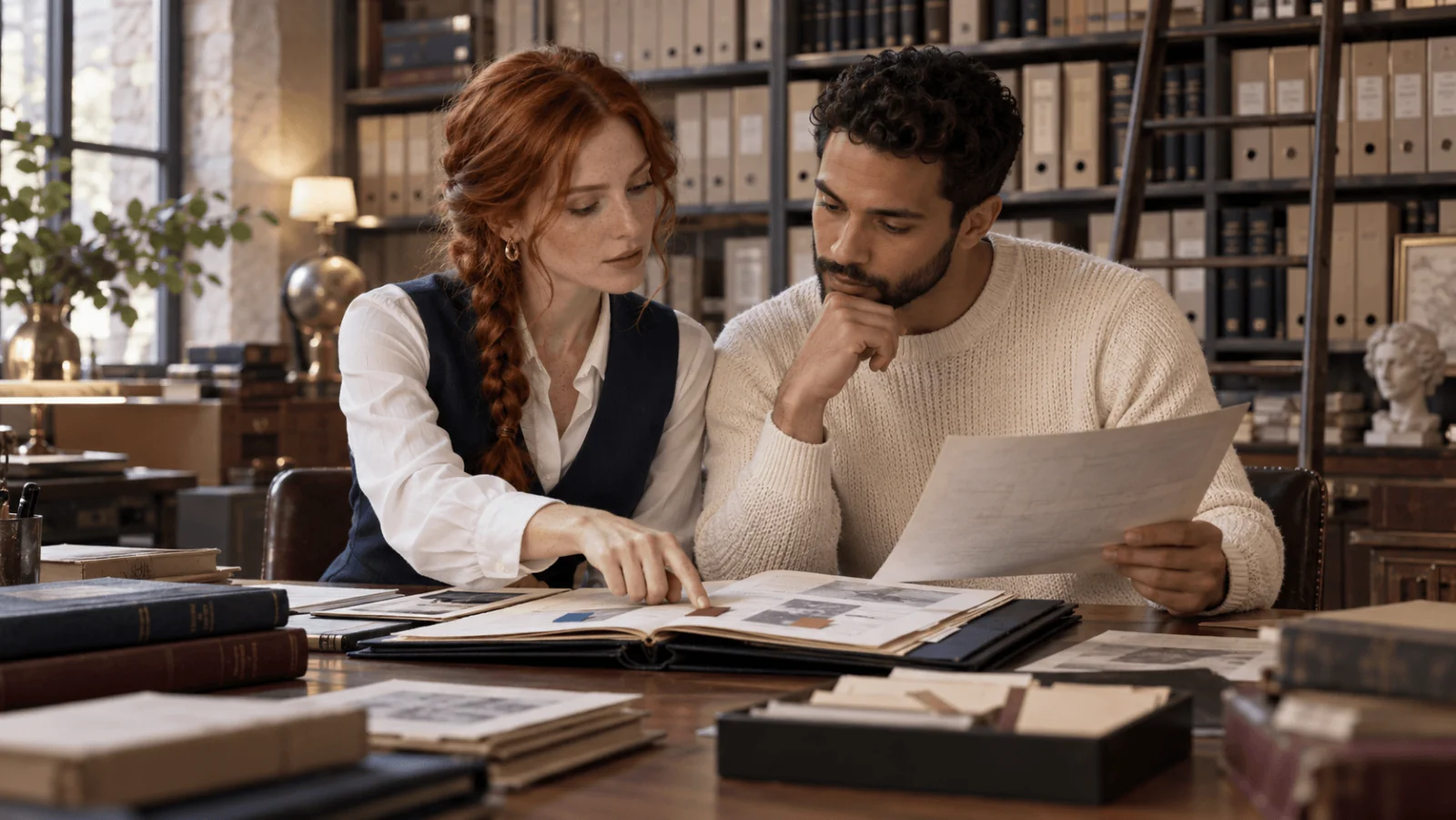 Una redattrice di cataloghi adulta dai capelli rossi e un collega adulto confrontano in un archivio un catalogo con segnalibri e una revisione cartacea separata