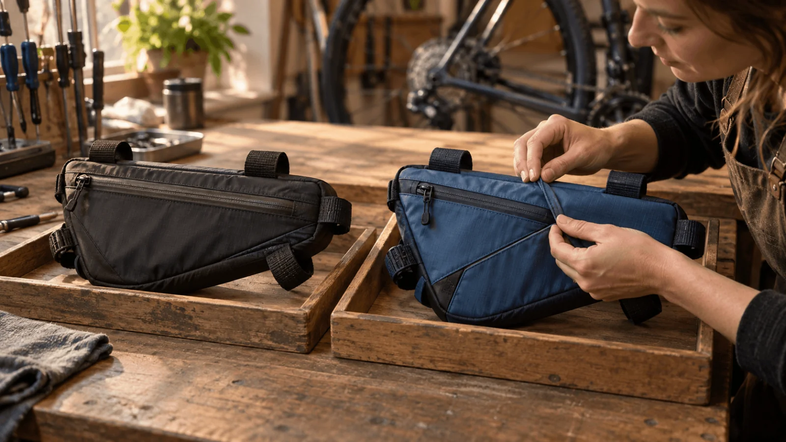 Bolsos de cuadro negro y azul reposan en bandejas de madera separadas mientras una mujer ajusta una correa del bolso azul.