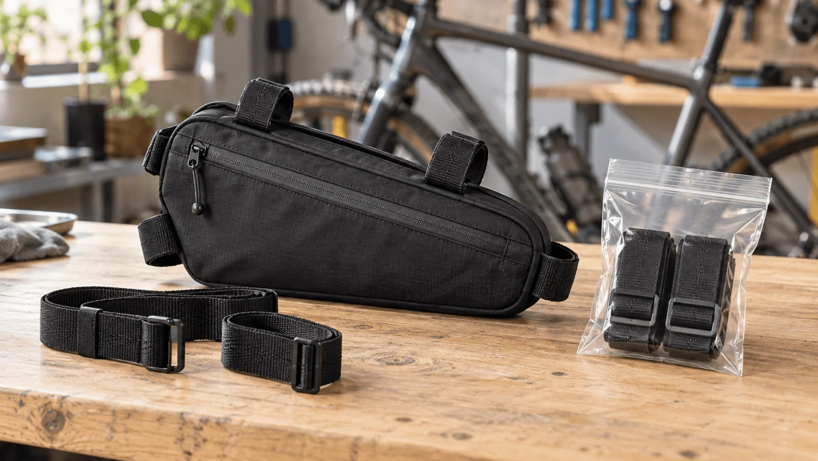 Un bolso de cuadro negro y correas sueltas junto a un paquete transparente aparte con dos correas dobladas.