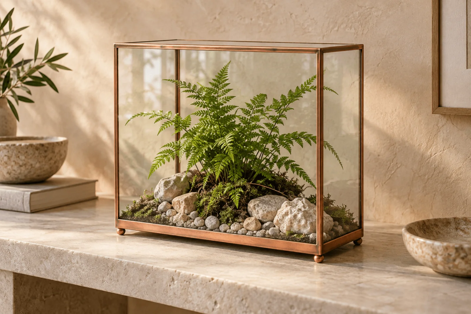 Piccolo terrario rettangolare in vetro con un sottile telaio in rame, una felce, muschio e pietre chiare su una console chiara in pietra davanti a una parete di intonaco caldo