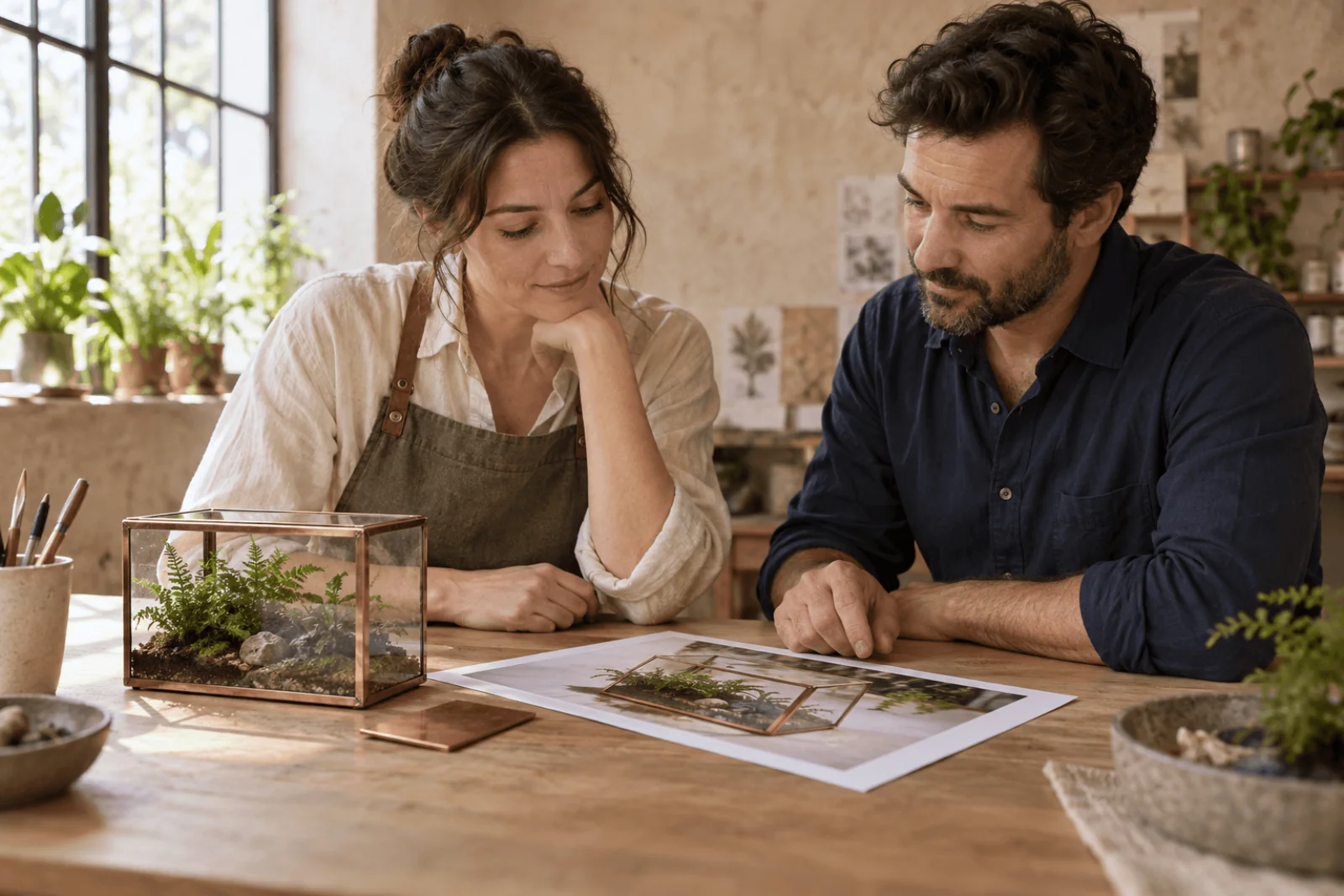 Due adulti a un tavolo da studio in legno confrontano una prova stampata del terrario con il terrario in vetro con telaio in rame e un campione di rame