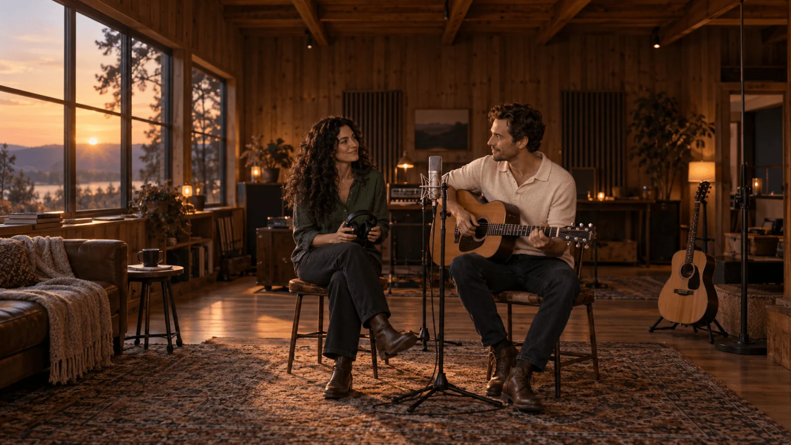 Una donna con le cuffie e un uomo con una chitarra acustica, seduti uno di fronte all'altro a un microfono in uno studio di legno caldo al tramonto