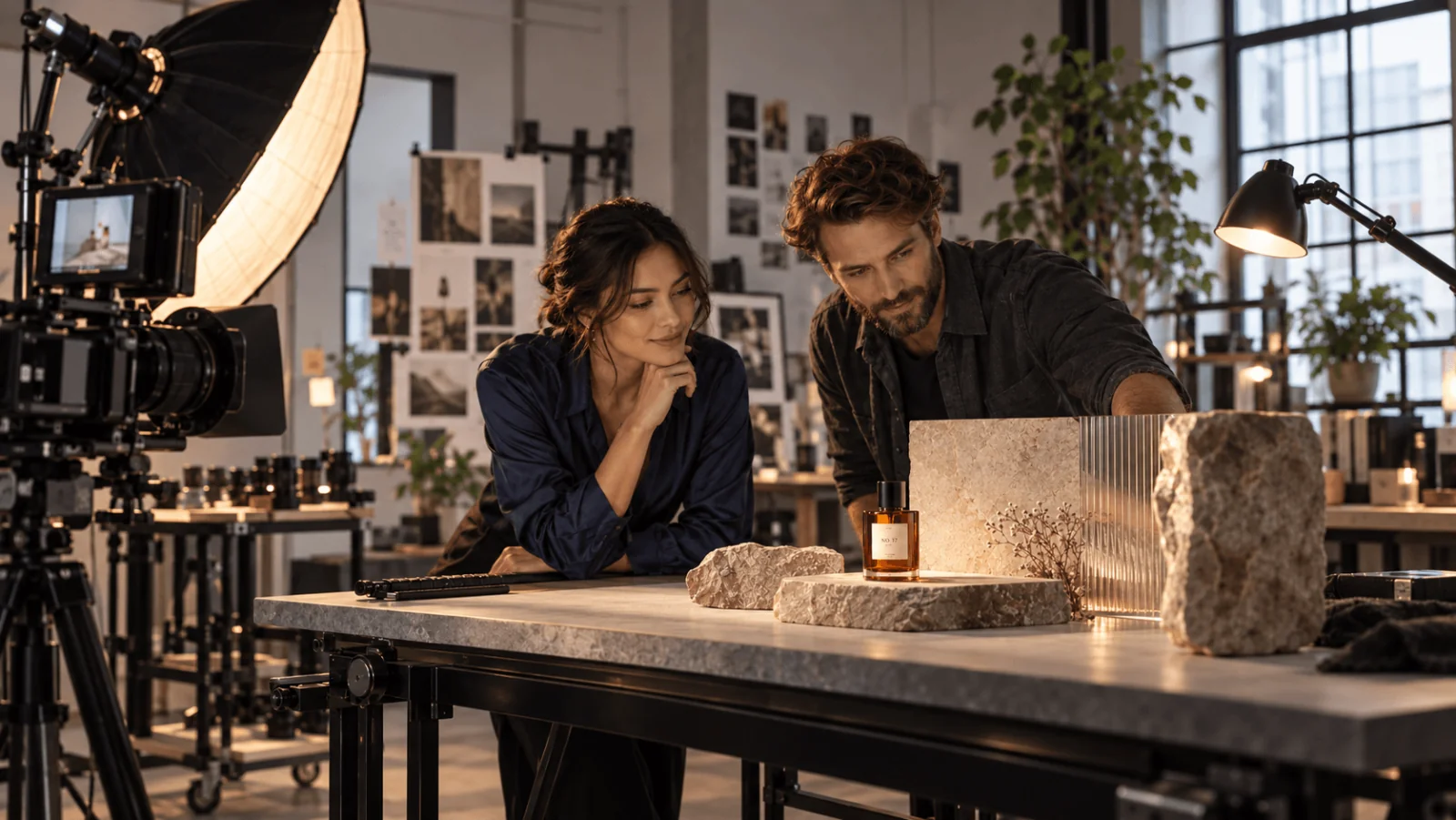 Uno sviluppatore creativo adulto e un fotografo preparano uno shooting pubblicitario per un profumo in uno studio dalla luce soffusa