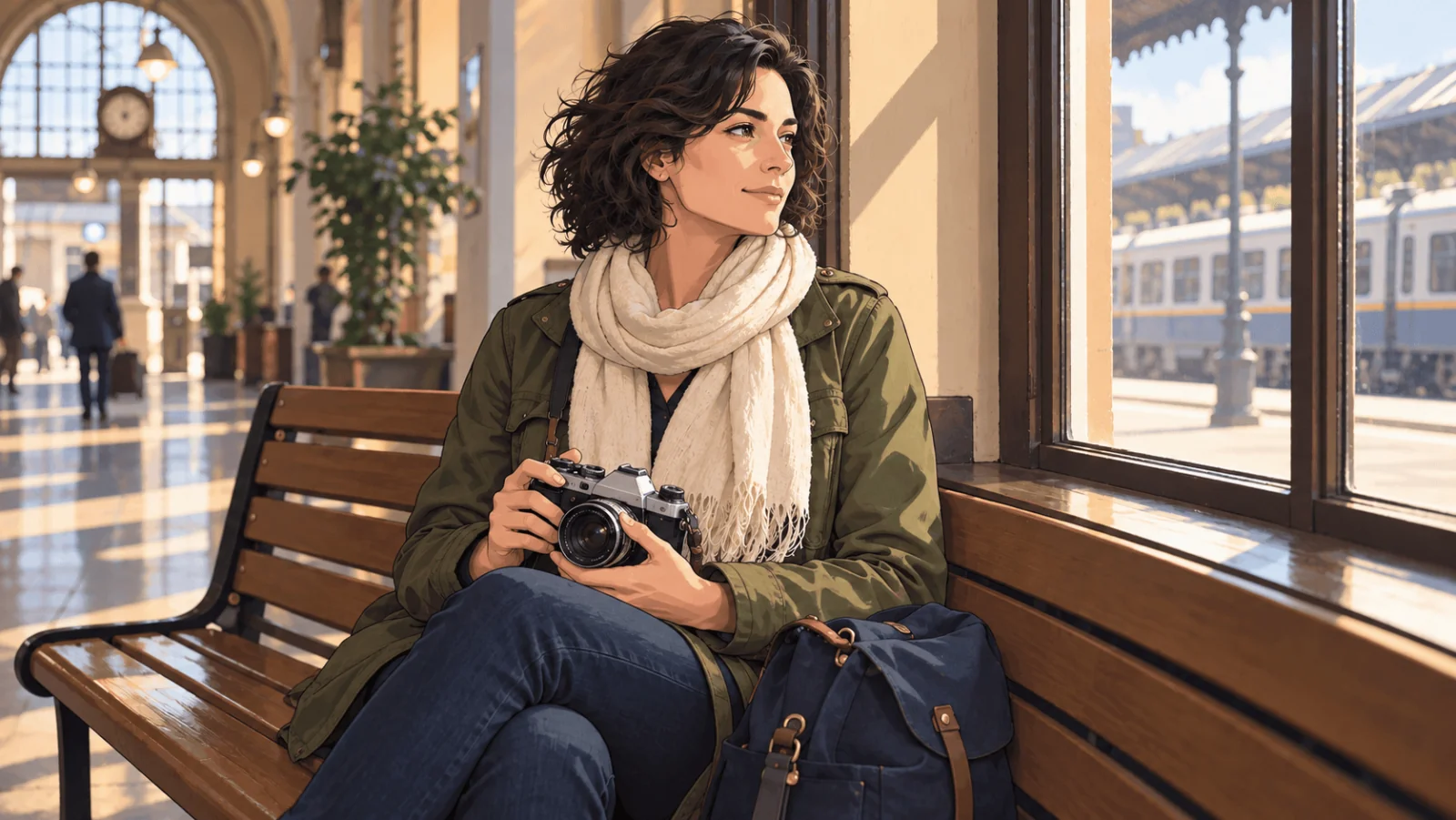 Versione illustrata della fotografa con giacca verde muschio e sciarpa color crema che tiene una fotocamera su una panchina di stazione accanto a una finestra