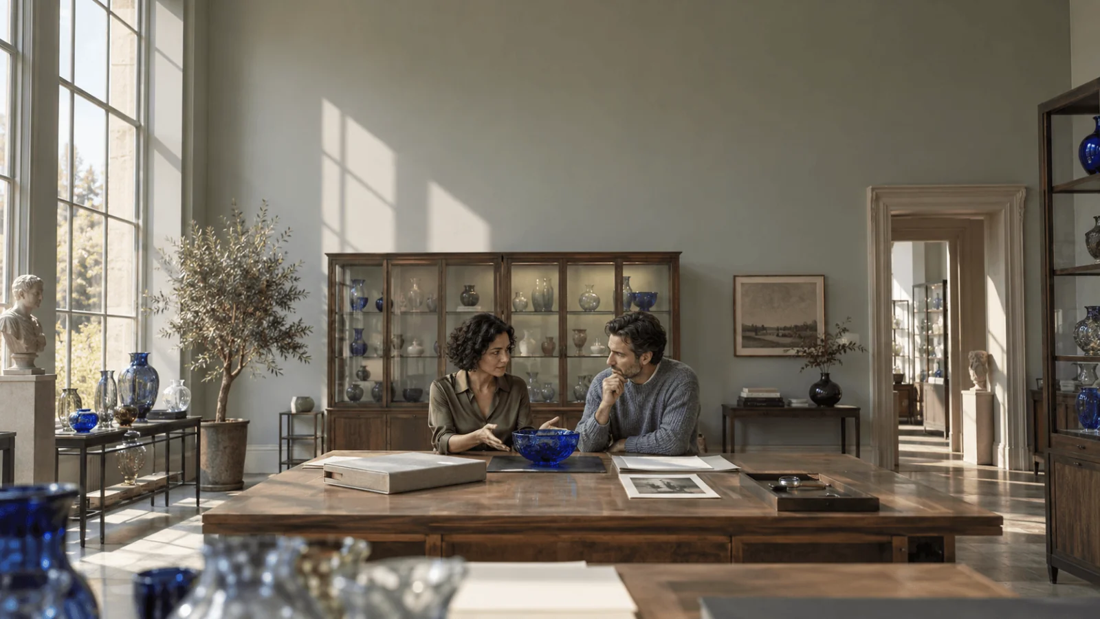 Due adulti discutono di una ciotola di vetro blu cobalto a un tavolo d'archivio in legno, in una galleria illuminata dal sole.