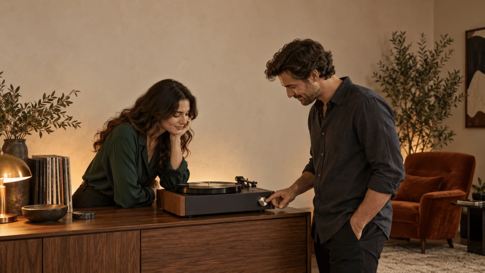 Una donna e un uomo guardano un giradischi su una credenza di legno in un soggiorno caldo illuminato da una lampada; un'illustrazione, non un output di Krea 2