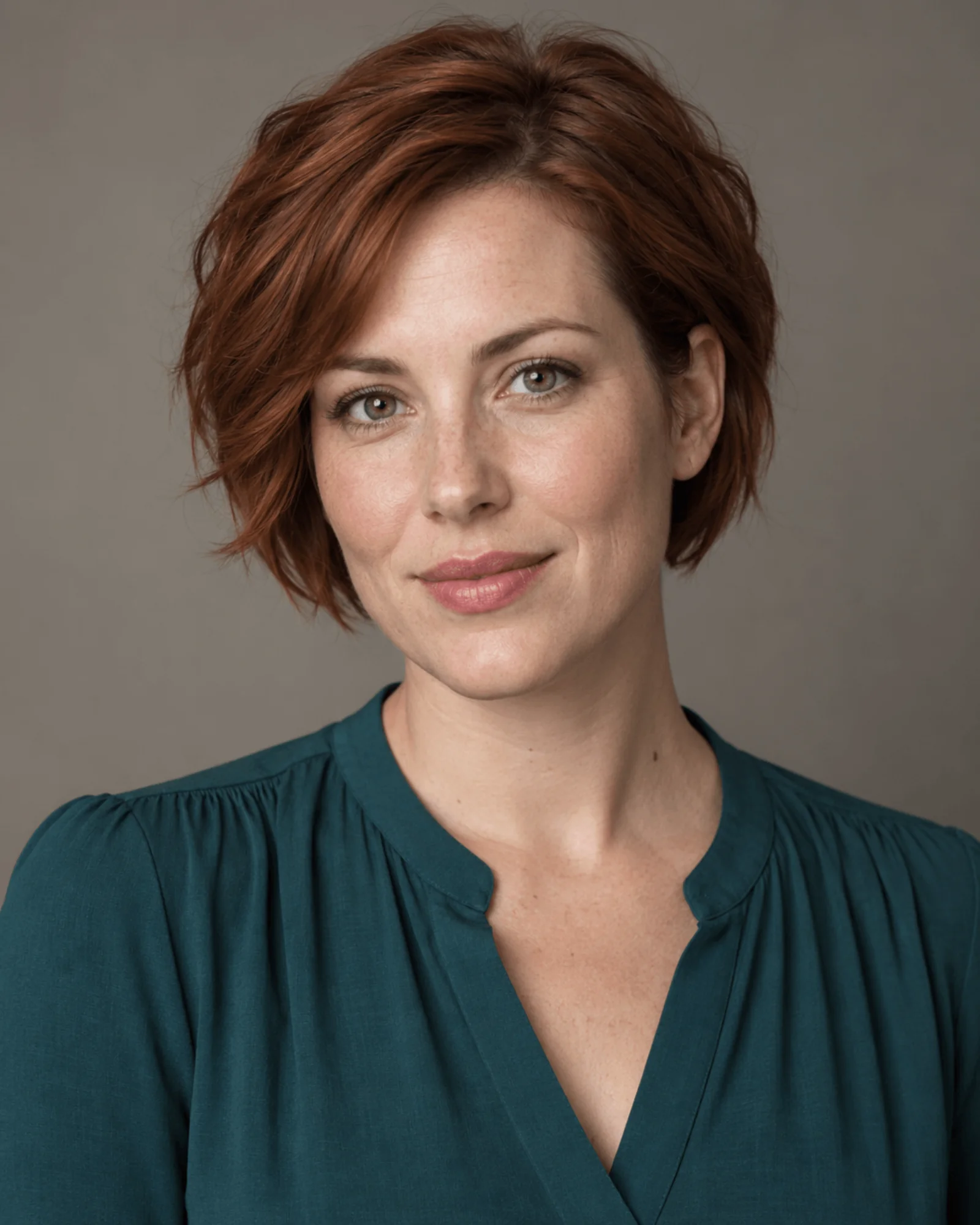 Una donna adulta fittizia con capelli corti color auburn e camicetta verde acqua, fotografata più o meno di fronte su sfondo neutro, con entrambi gli occhi visibili